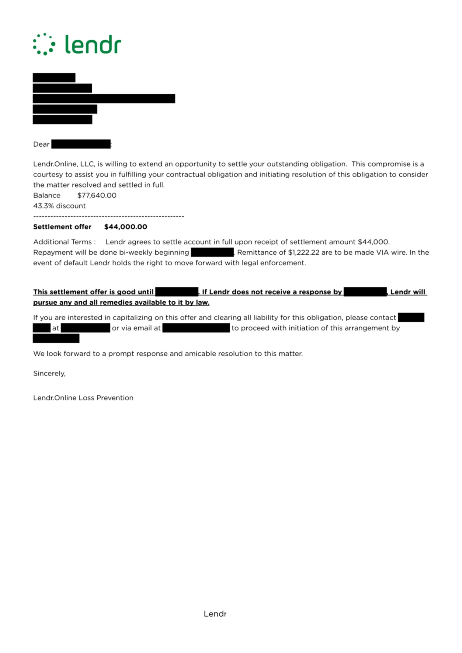 Redacted Lendr document showing offer: $44,000 · stated balance: $77,640