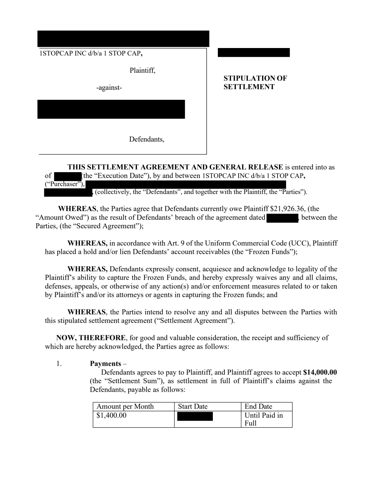Redacted 1 Stop Cap document showing stated balance $21,926.36 / settlement terms $14,000