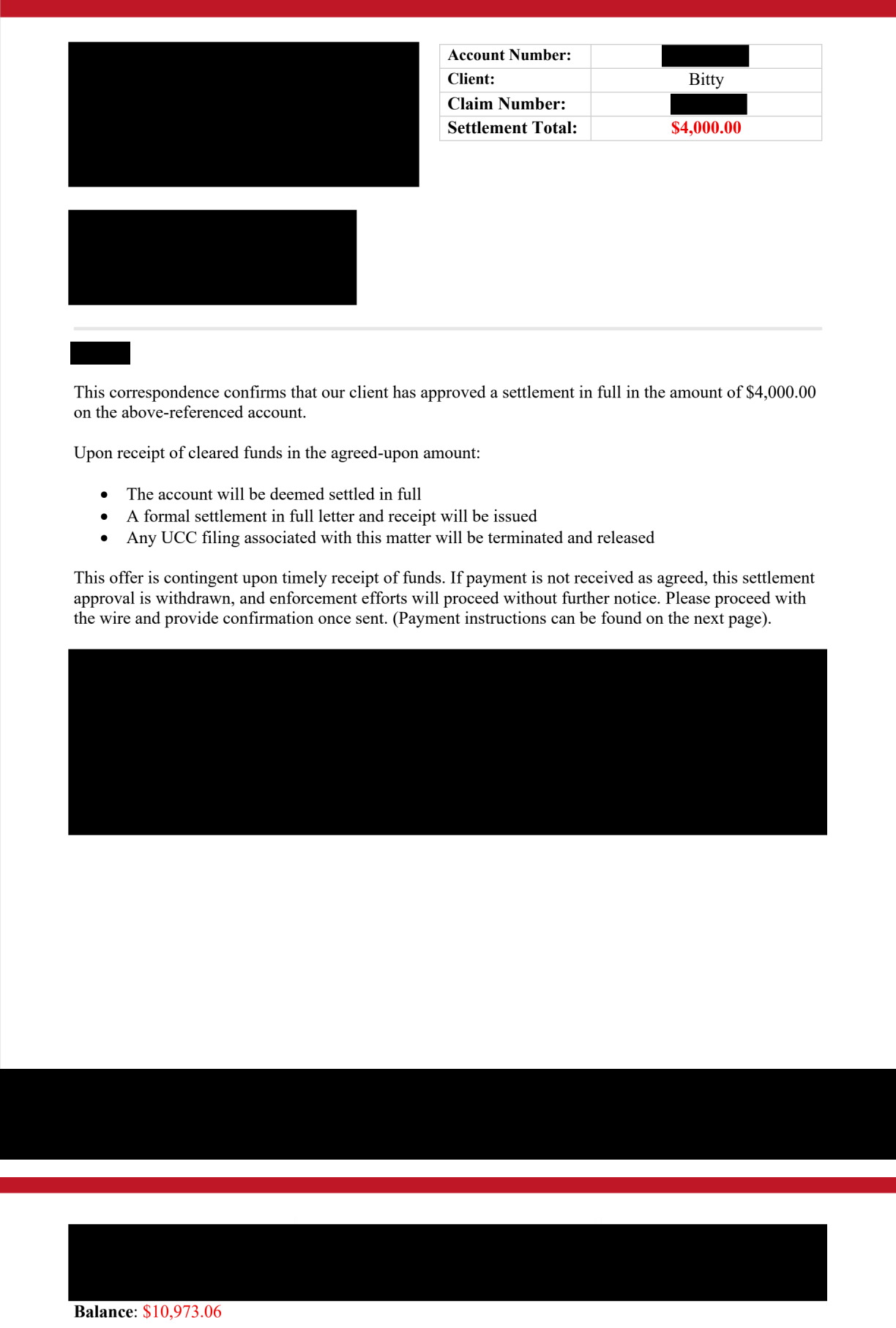 Redacted Bitty Advance document showing proposed terms: $4,000 · comparison amount: $10,973.06
