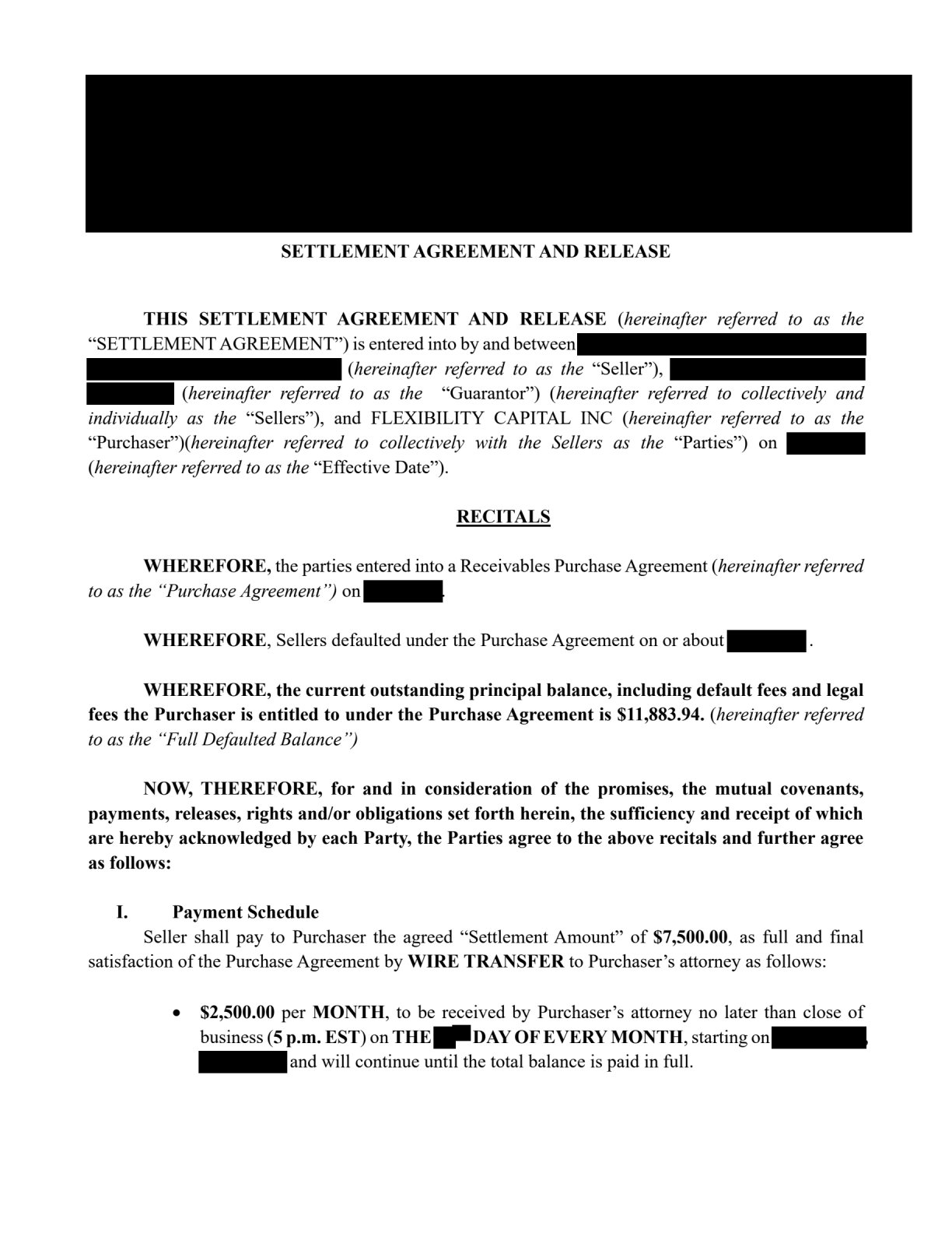 Redacted Flexibility Capital settlement and release excerpt with stated balance and monthly wire terms