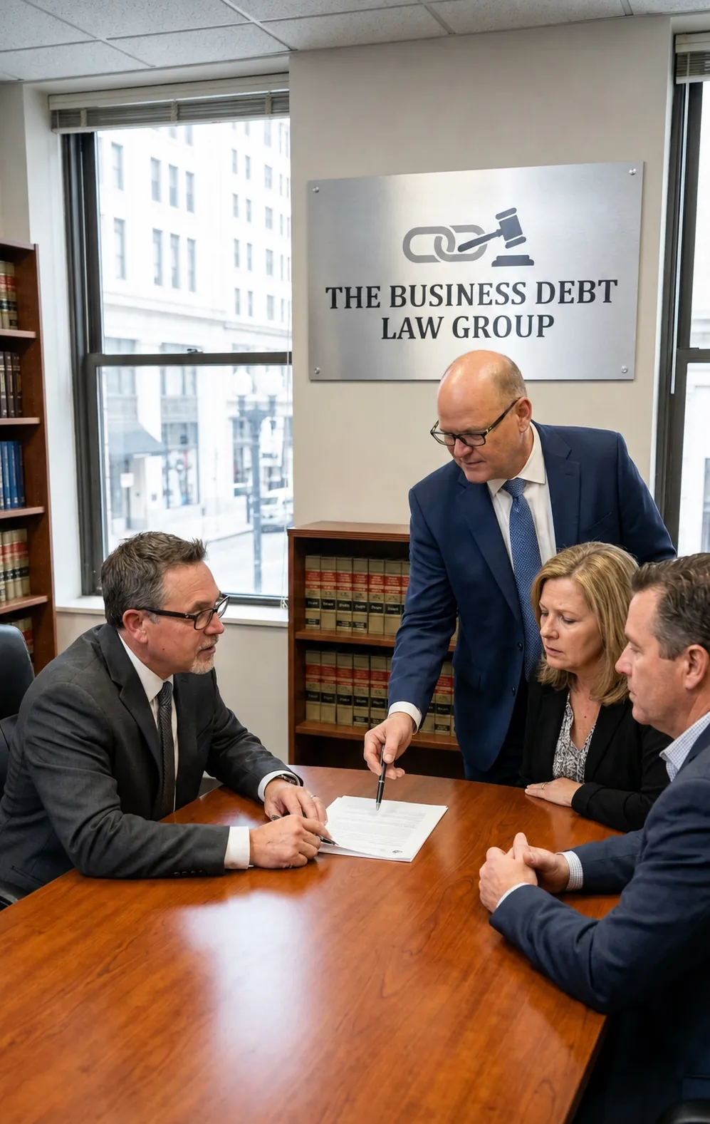 Business Debt Law Group legal team meeting about an MCA lawsuit