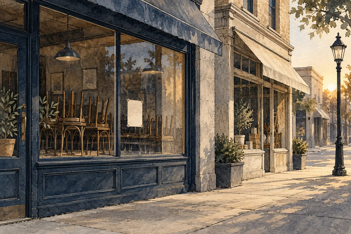 Illustration of a quiet neighborhood restaurant with chairs stacked inside.