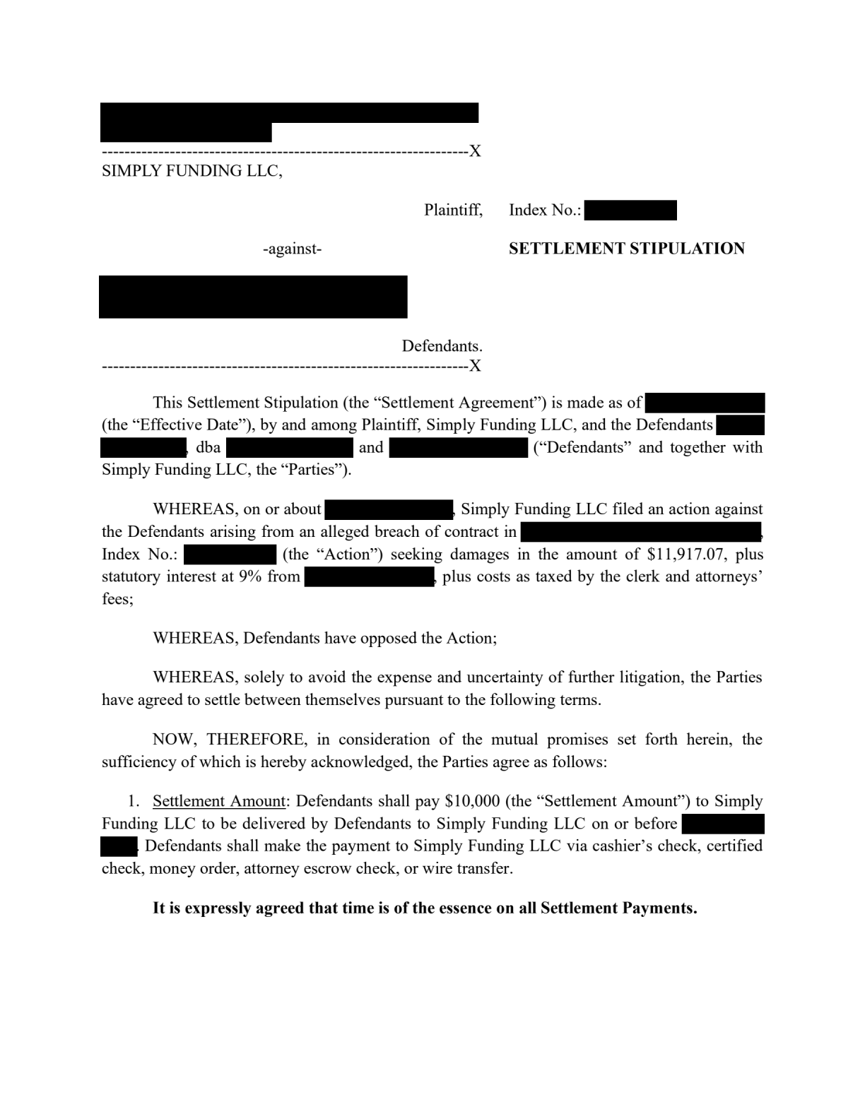 Redacted Simply Funding document showing documented terms: $10,000 · comparison amount: $11,917.07