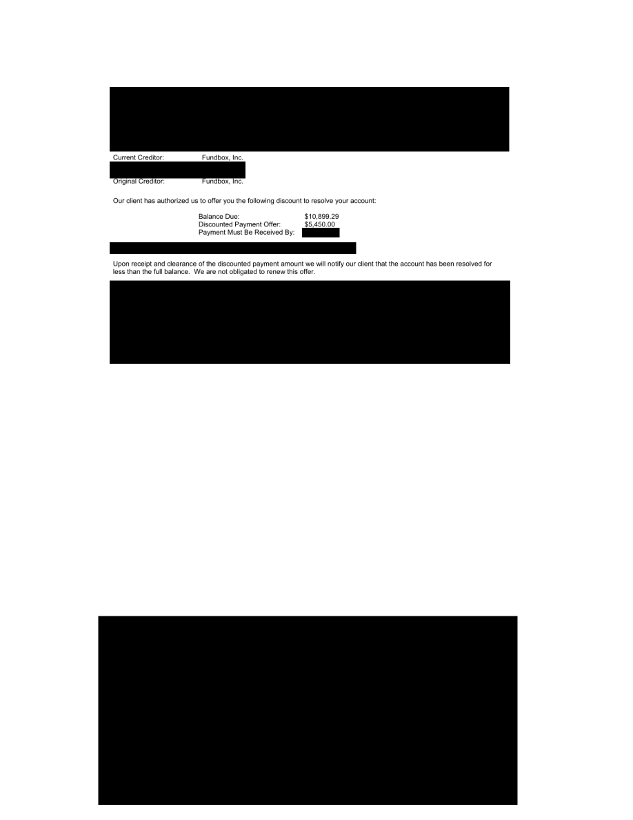 Redacted Fundbox business-financing excerpt showing proposed $5,450 terms against a $10,899.29 comparison amount