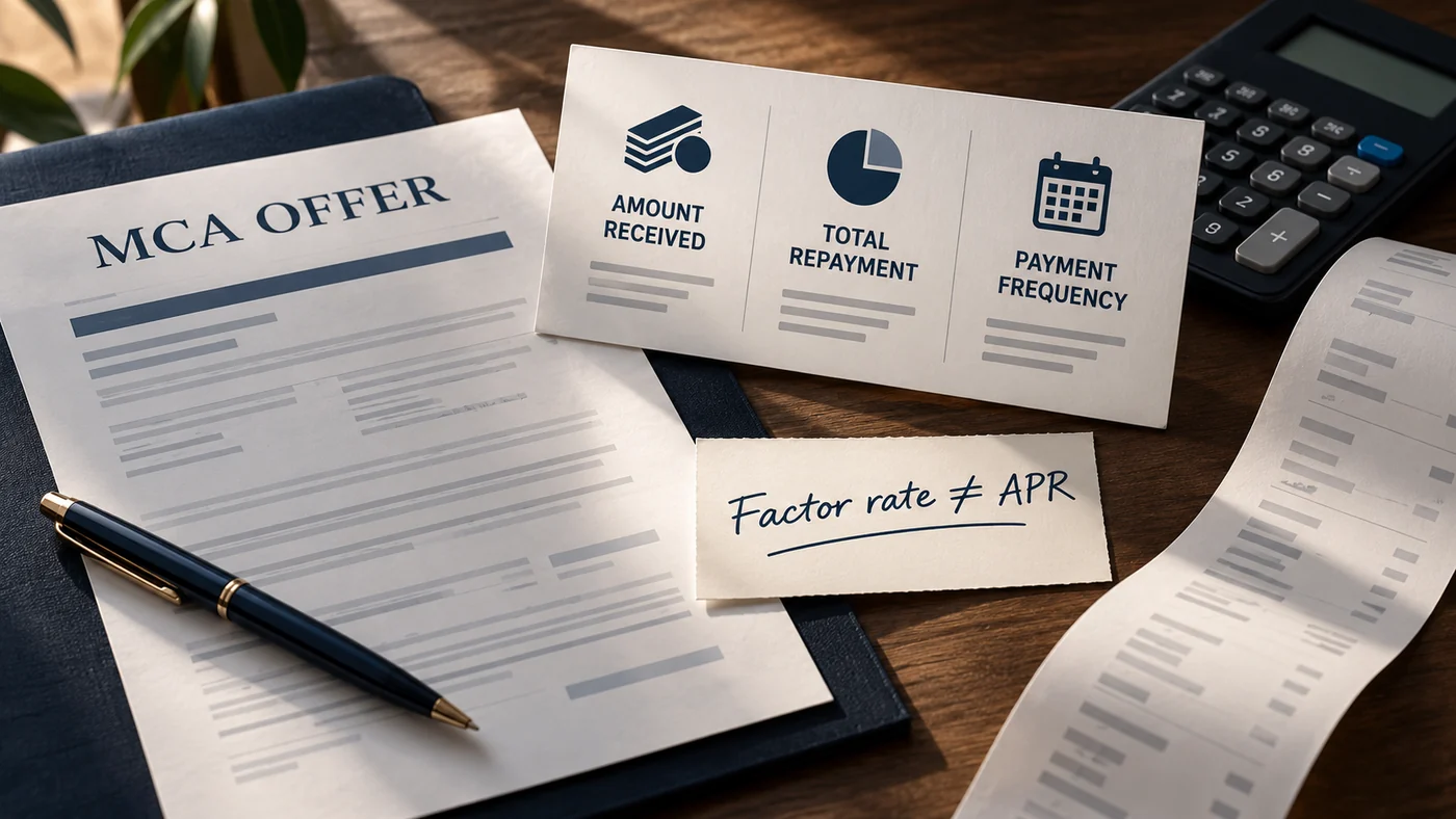 MCA cost review comparing amount received, total repayment and payment frequency with a factor-rate-versus-APR reminder.