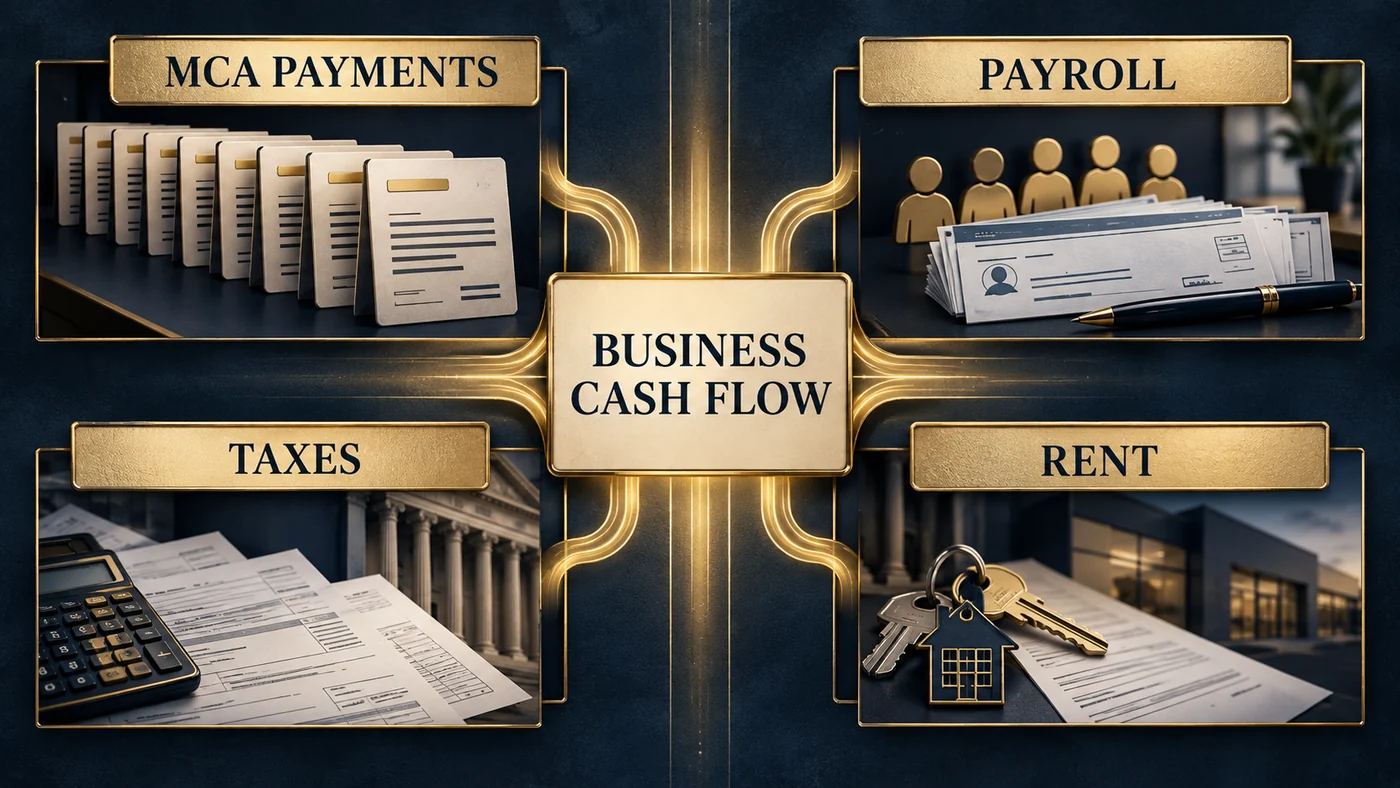 Business cash flow connected to competing MCA payments, payroll, taxes and rent.