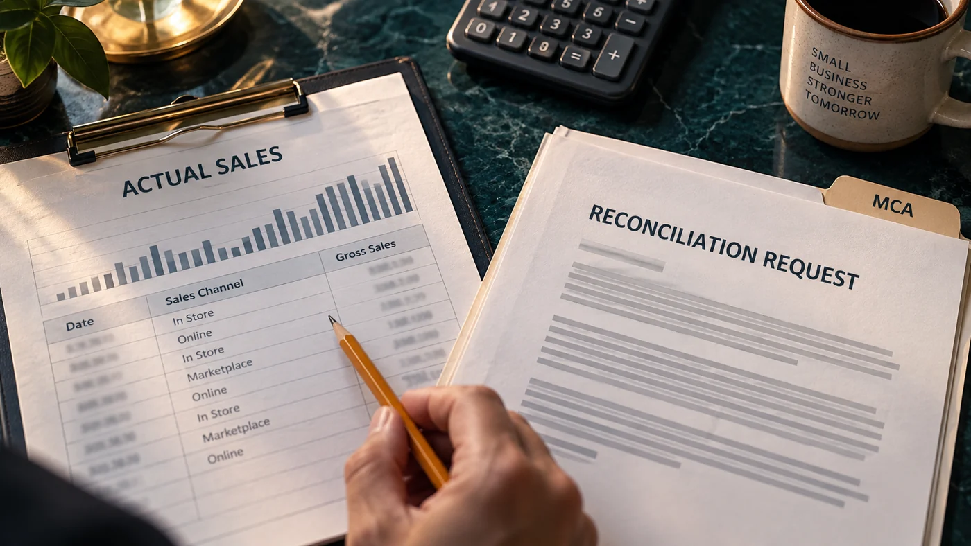 Actual sales records compared with an MCA reconciliation request.