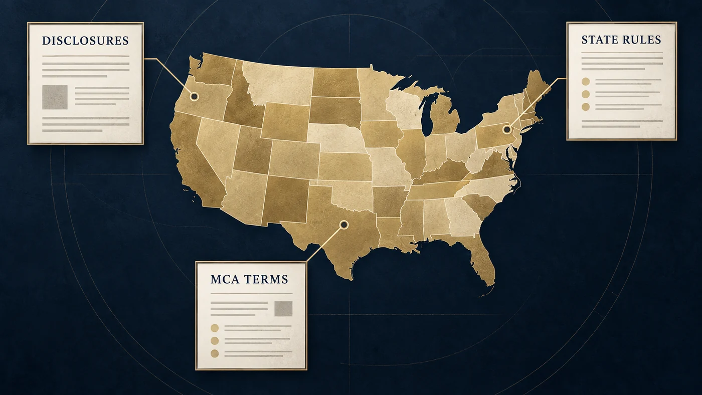 United States map illustrating state rules, disclosures and MCA contract terms.