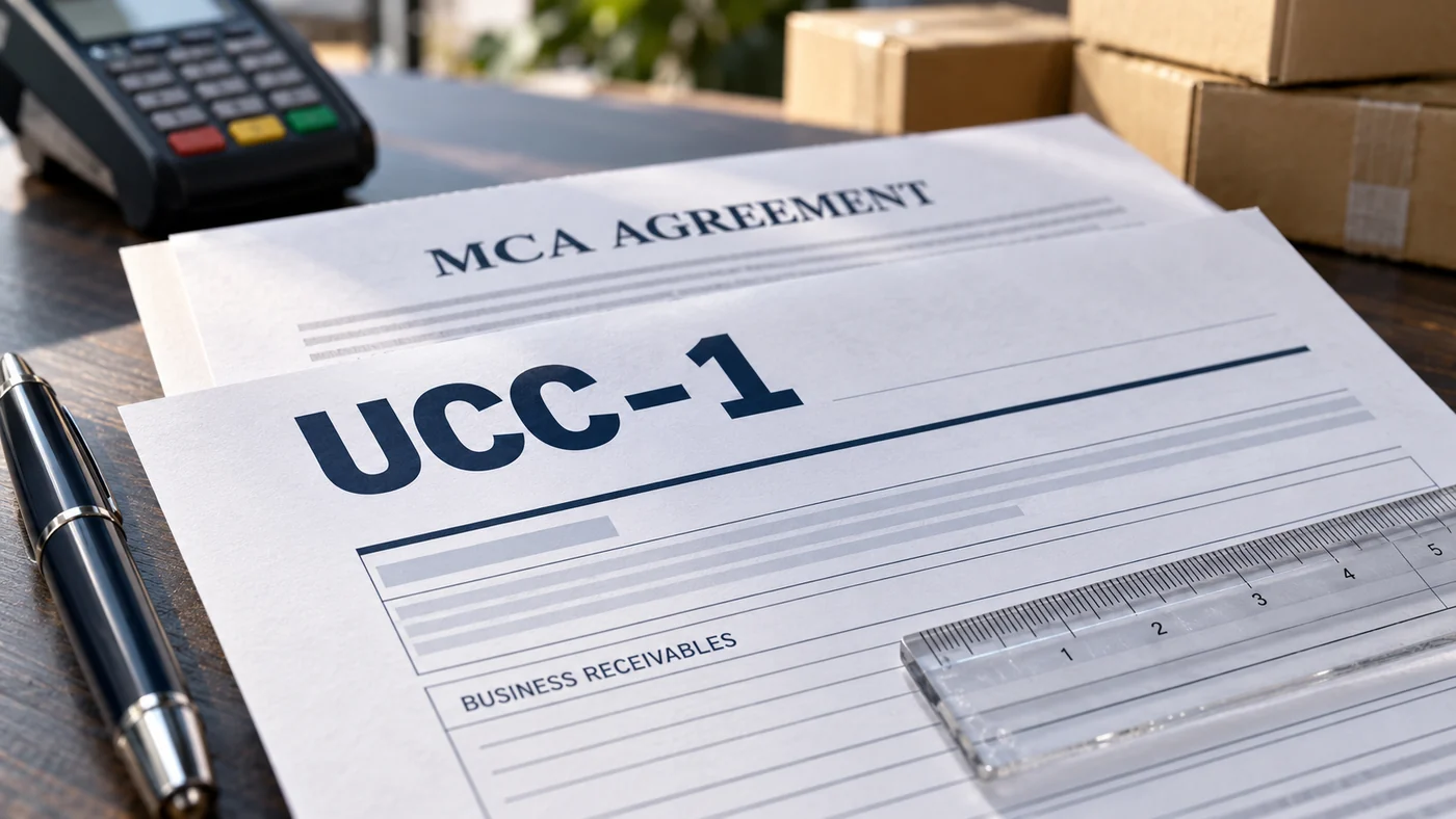 UCC-1 financing statement and MCA agreement with a business-receivables section.