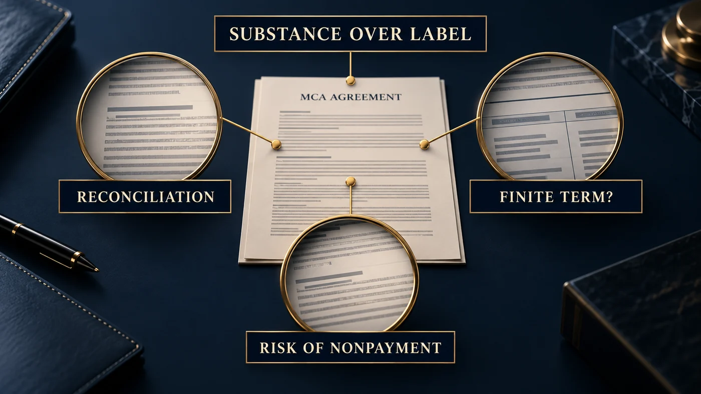 MCA contract review focusing on reconciliation, term and risk of nonpayment.